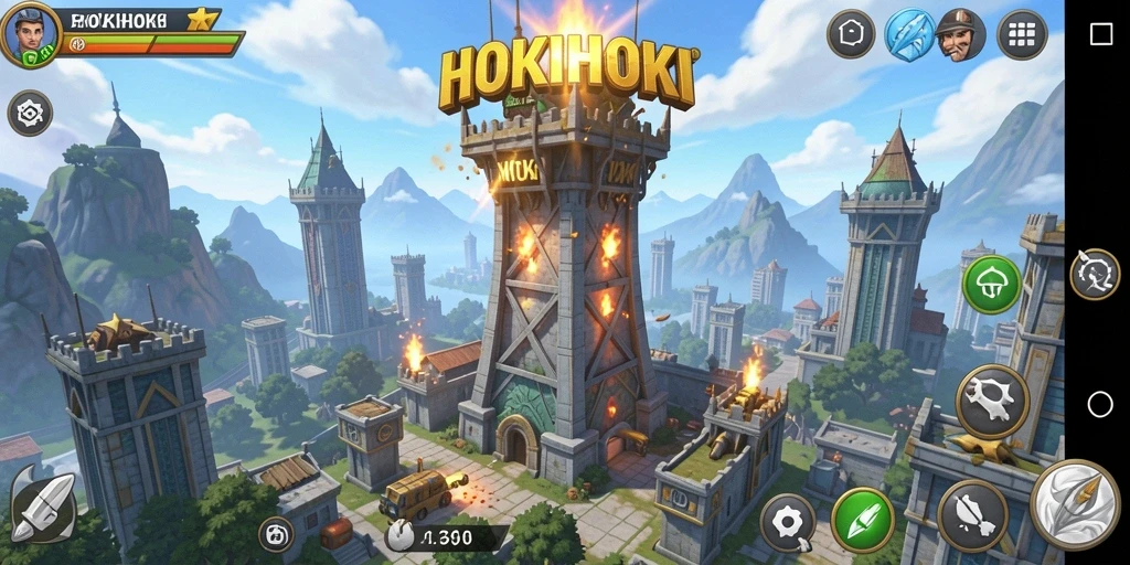 Screenshot HOKIHOKI menampilkan aksi pertahanan menara yang intens.