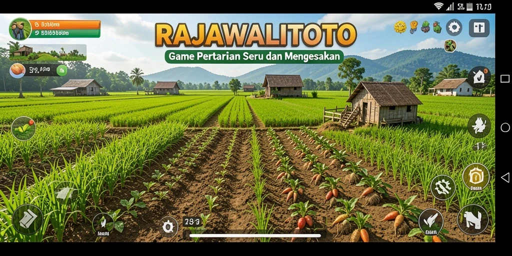 Screenshot gameplay RAJAWALITOTO menampilkan aktivitas pertanian yang dinamis dan interaktif.