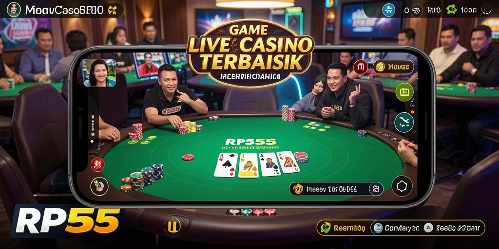 Screenshot gameplay RP55 menampilkan dealer langsung yang berinteraksi dengan pemain di meja kasino.